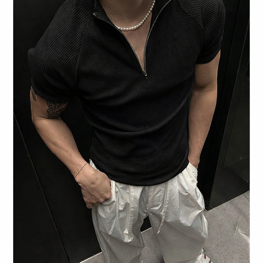 RIWYN Slim Rib Zipper High Neck T-Shirt