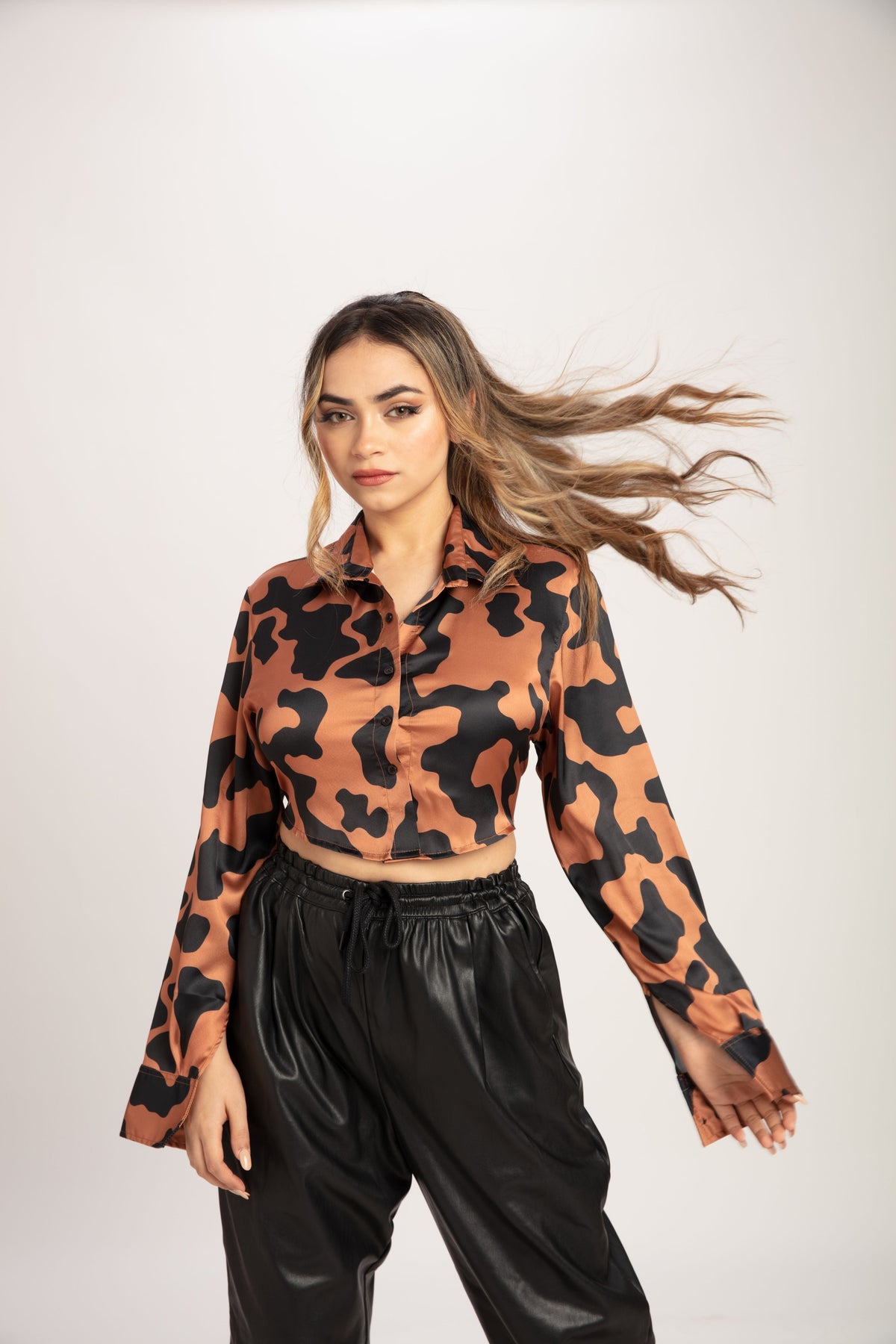 RǏWYÑ | Cow Print Open Black Satin Shirt