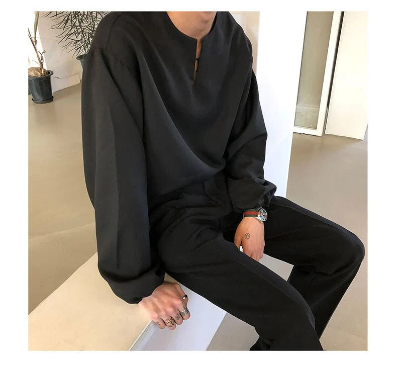 RIWYN V Neck Cuff Details Long Sleeve Korean Shirt