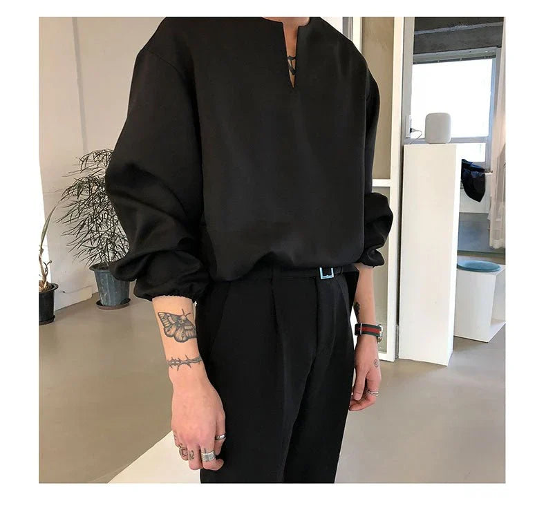 RIWYN V Neck Cuff Details Long Sleeve Korean Shirt