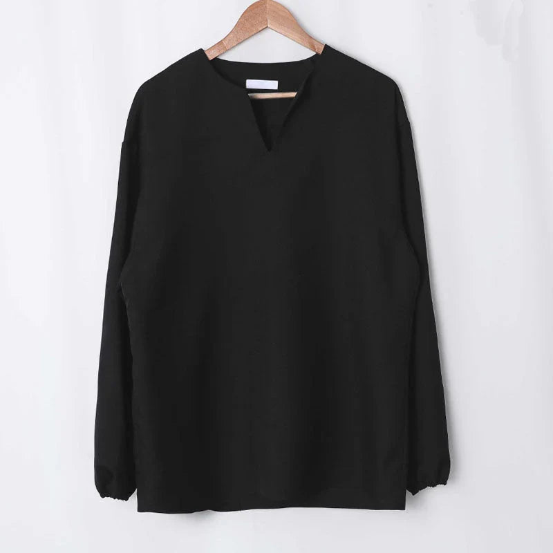 RIWYN V Neck Cuff Details Long Sleeve Korean Shirt