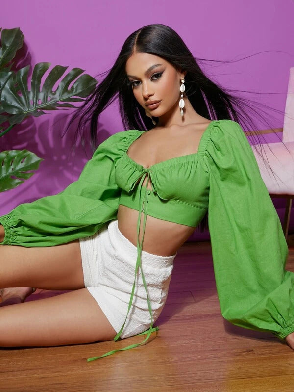 RǏWYÑ | Tie Front Lantern Sleeve Cropped Top