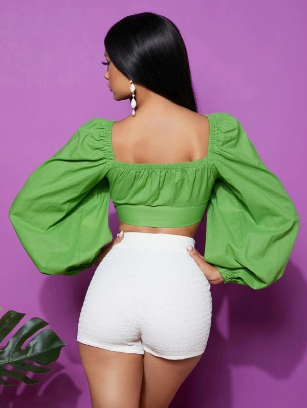 RǏWYÑ | Tie Front Lantern Sleeve Cropped Top