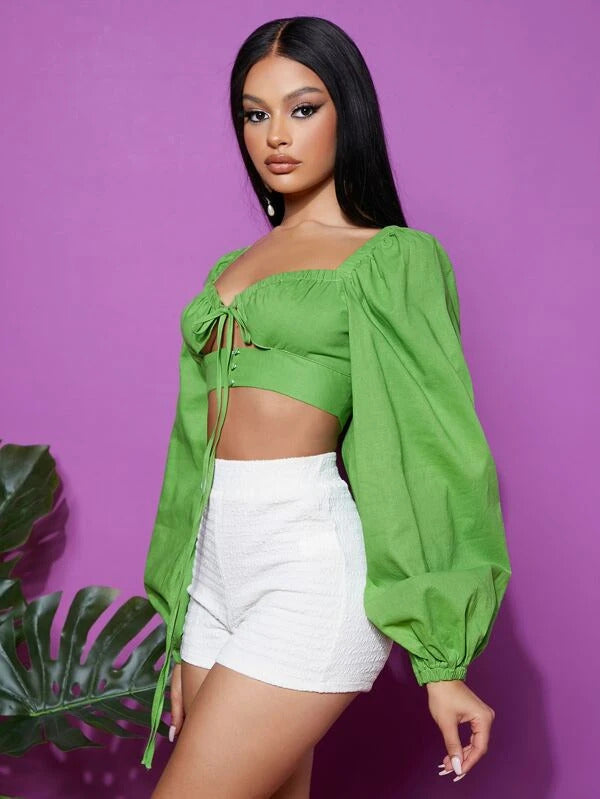 RǏWYÑ | Tie Front Lantern Sleeve Cropped Top