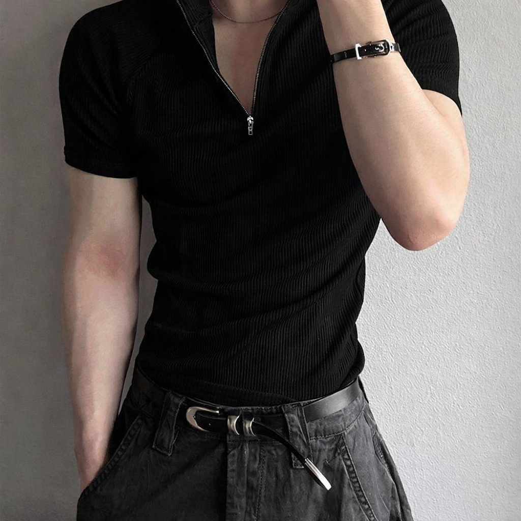 RIWYN Slim Rib Zipper High Neck T-Shirt
