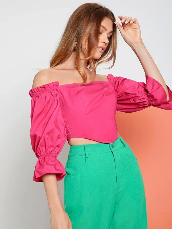 RǏWYÑ | Shirred Flounce Sleeve Bardot Top