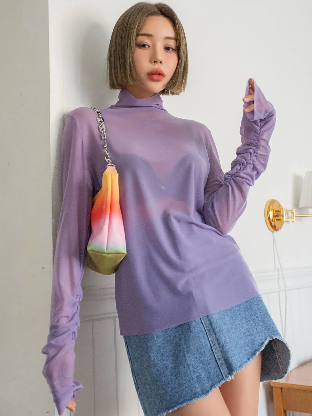 RǏWYÑ | Ruched Sleeve Sheer Top