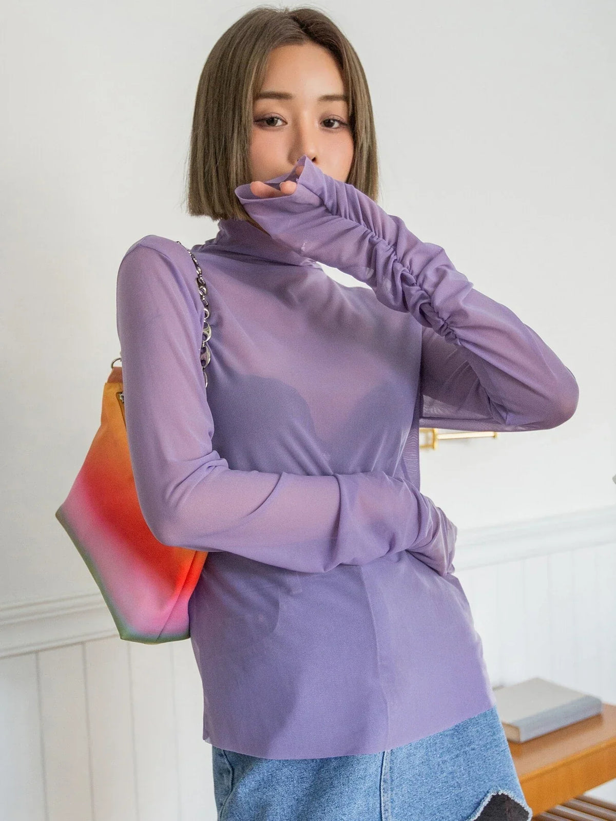 RǏWYÑ | Ruched Sleeve Sheer Top