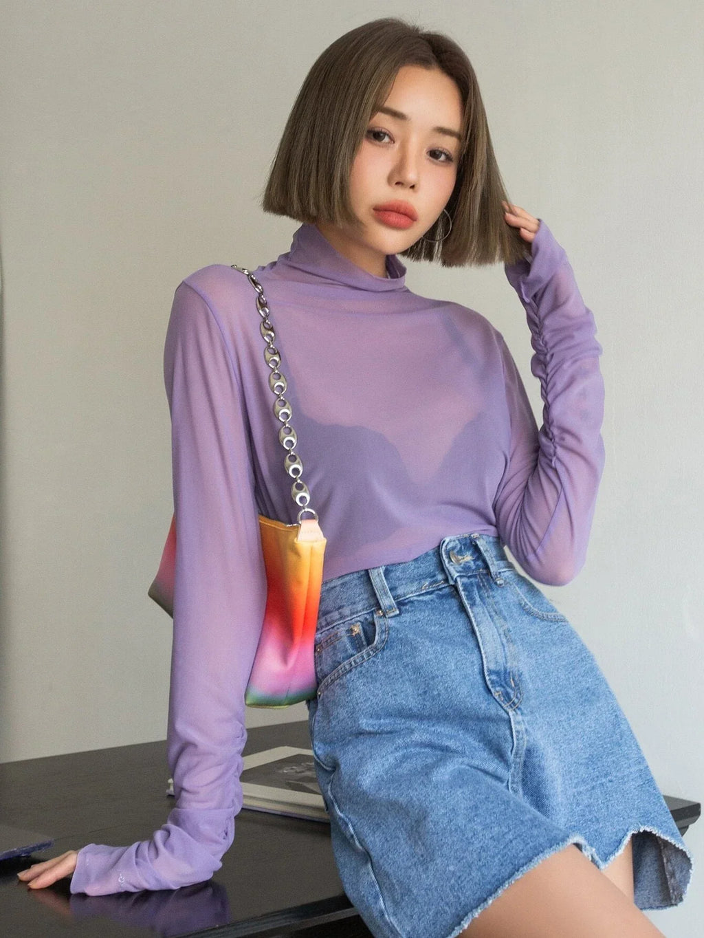 RǏWYÑ | Ruched Sleeve Sheer Top