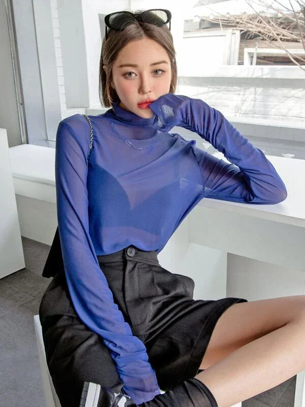 RǏWYÑ | Ruched Sleeve Sheer Top