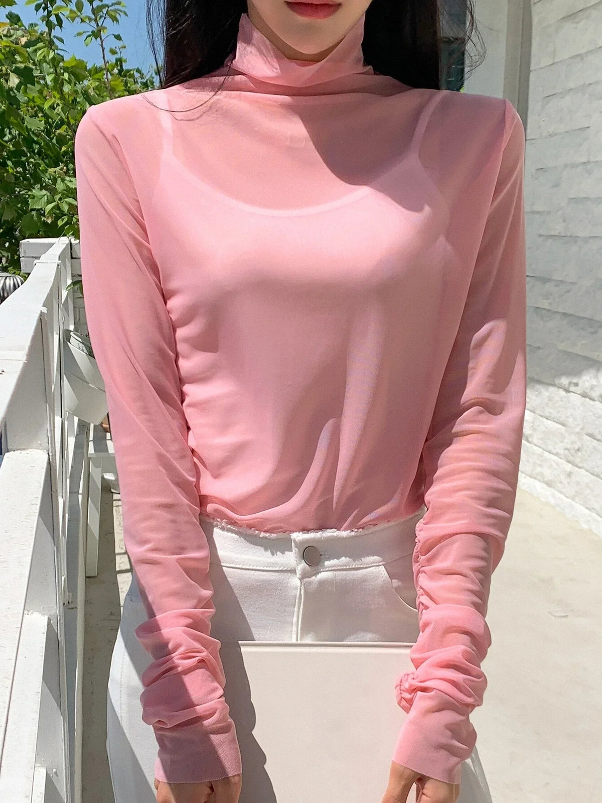 RǏWYÑ | Ruched Sleeve Sheer Top