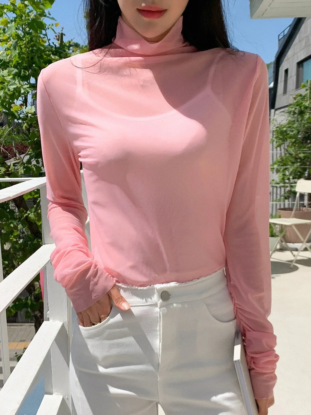 RǏWYÑ | Ruched Sleeve Sheer Top
