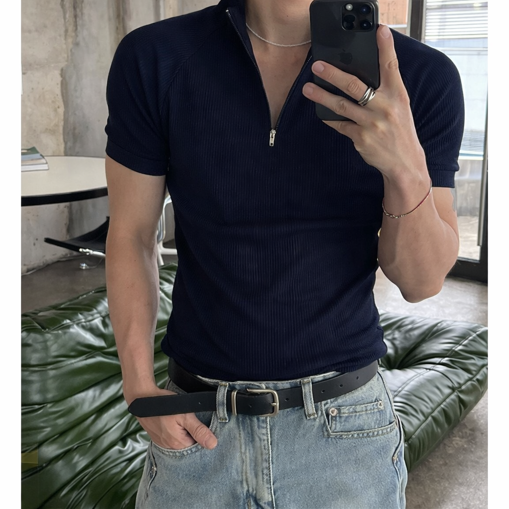 RIWYN Slim Rib Zipper High Neck T-Shirt