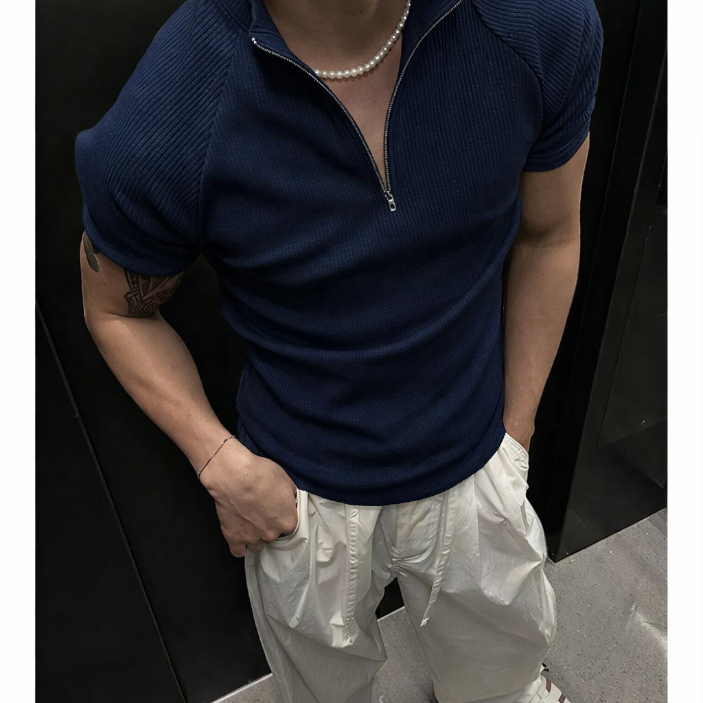 RIWYN Slim Rib Zipper High Neck T-Shirt