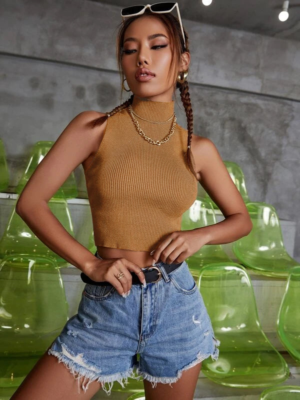 RǏWYÑ | Polo high neck Rib Sleeveless top