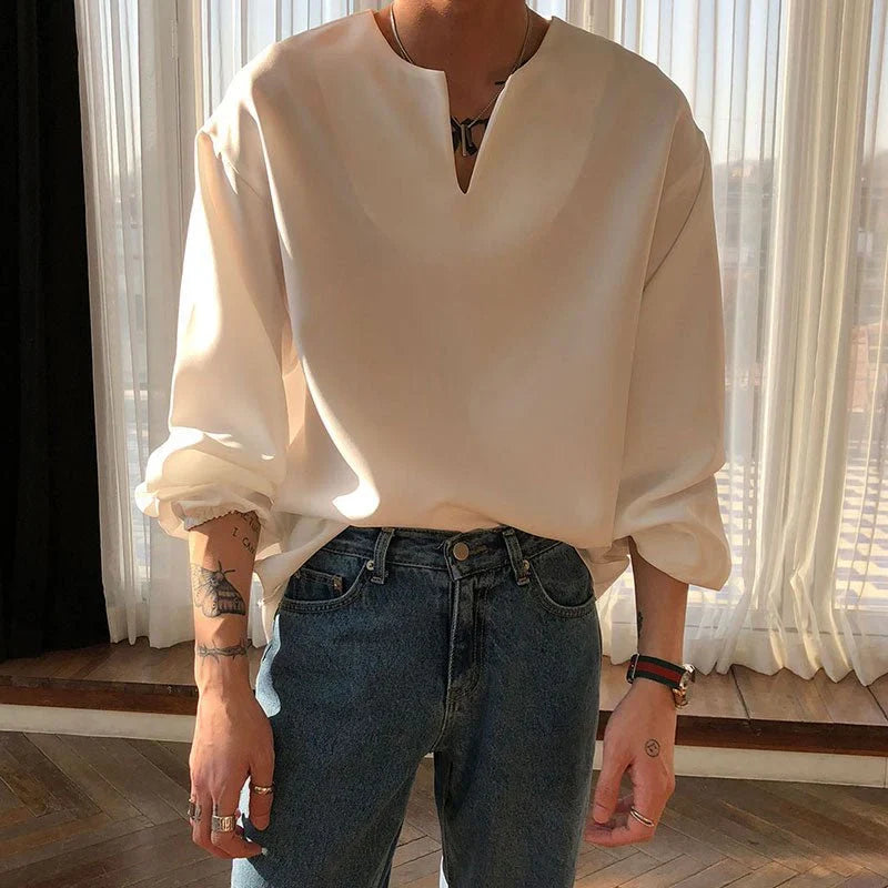 RIWYN V Neck Cuff Details Long Sleeve Korean Shirt