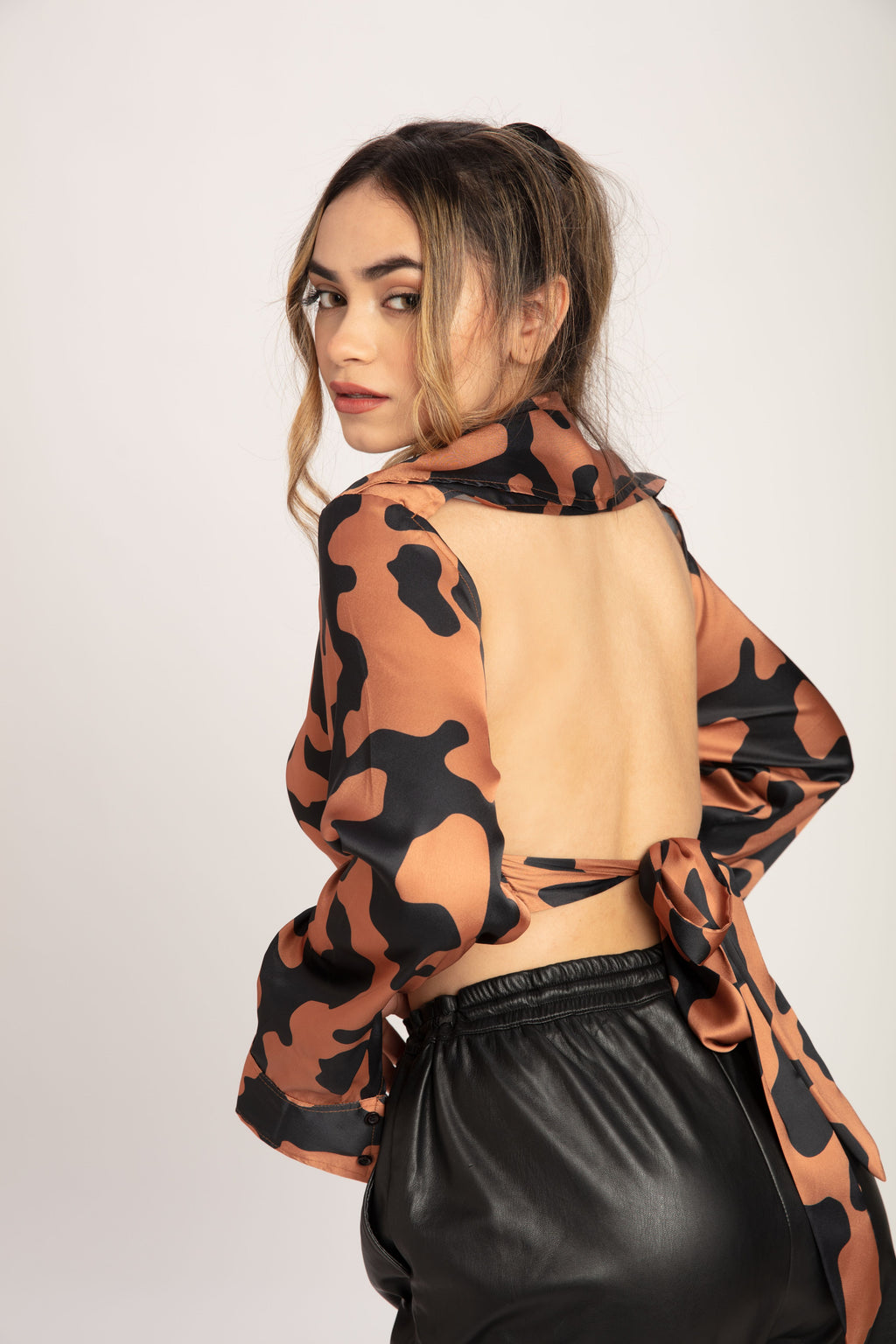 RǏWYÑ | Cow Print Open Black Satin Shirt