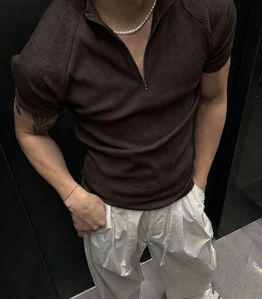 RIWYN Slim Rib Zipper High Neck T-Shirt