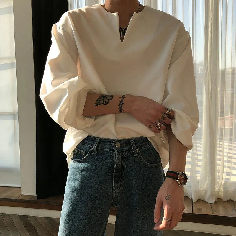 RIWYN V Neck Cuff Details Long Sleeve Korean Shirt