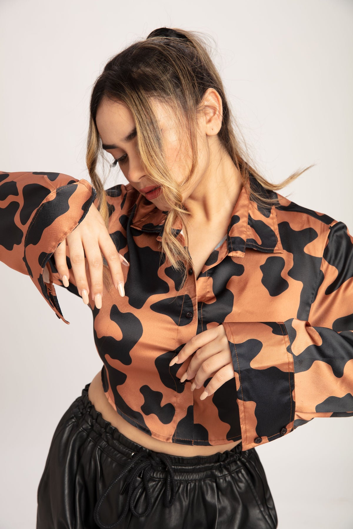 RǏWYÑ | Cow Print Open Black Satin Shirt
