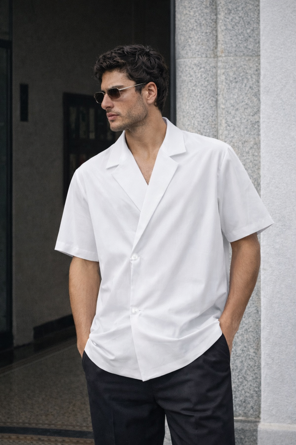 RIWYN Blazer Vibe Slanted Placket Short-Sleeve Shirt