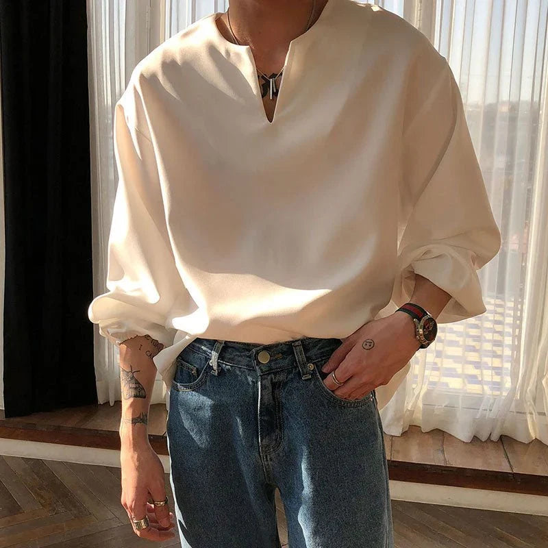 RIWYN V Neck Cuff Details Long Sleeve Korean Shirt