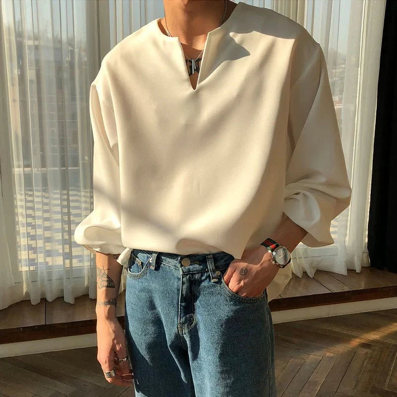 RIWYN V Neck Cuff Details Long Sleeve Korean Shirt