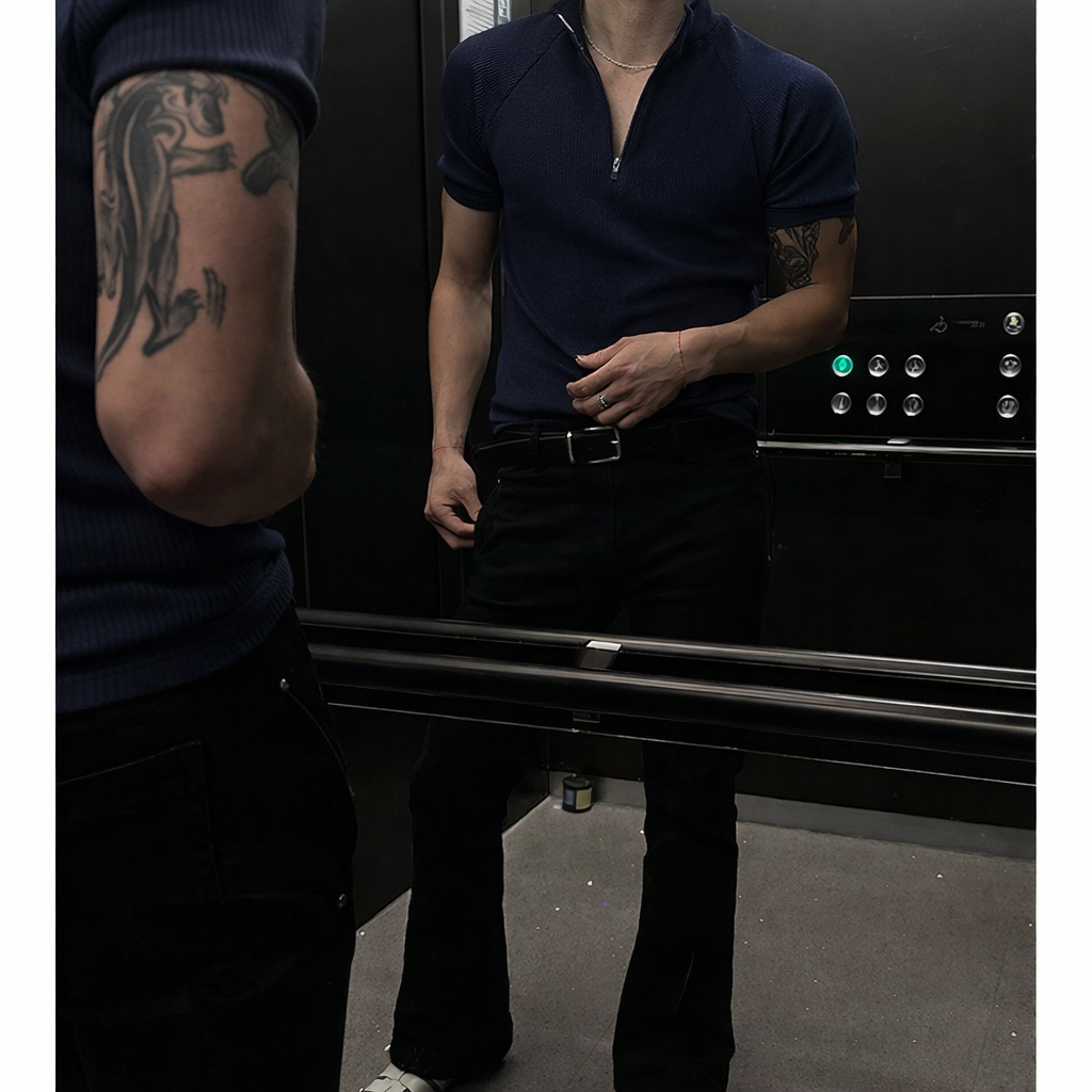 RIWYN Slim Rib Zipper High Neck T-Shirt