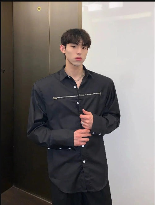 RIWYN Korean Style Zip Details Long-sleeved Shirt