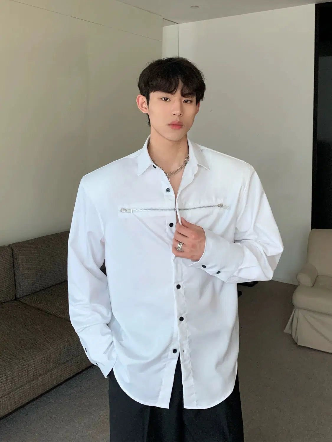 RIWYN Korean Style Zip Details Long-sleeved Shirt
