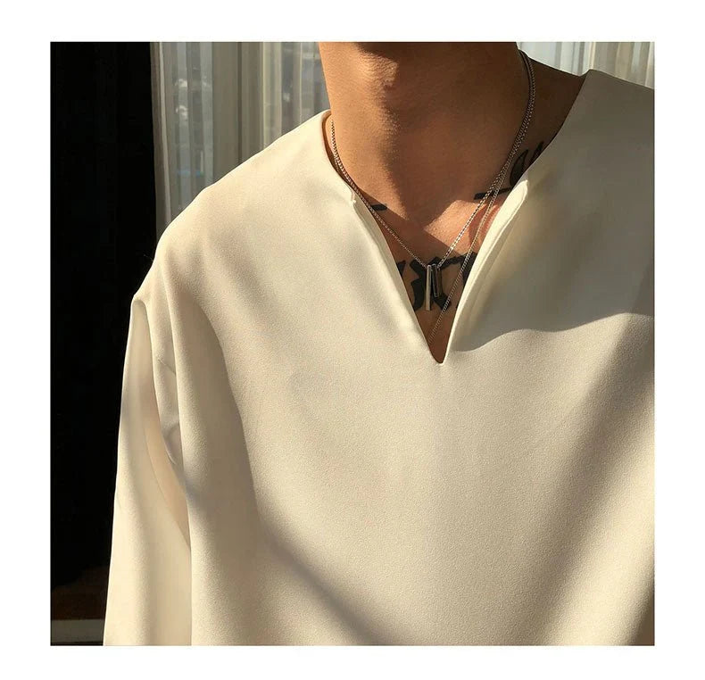 RIWYN V Neck Cuff Details Long Sleeve Korean Shirt