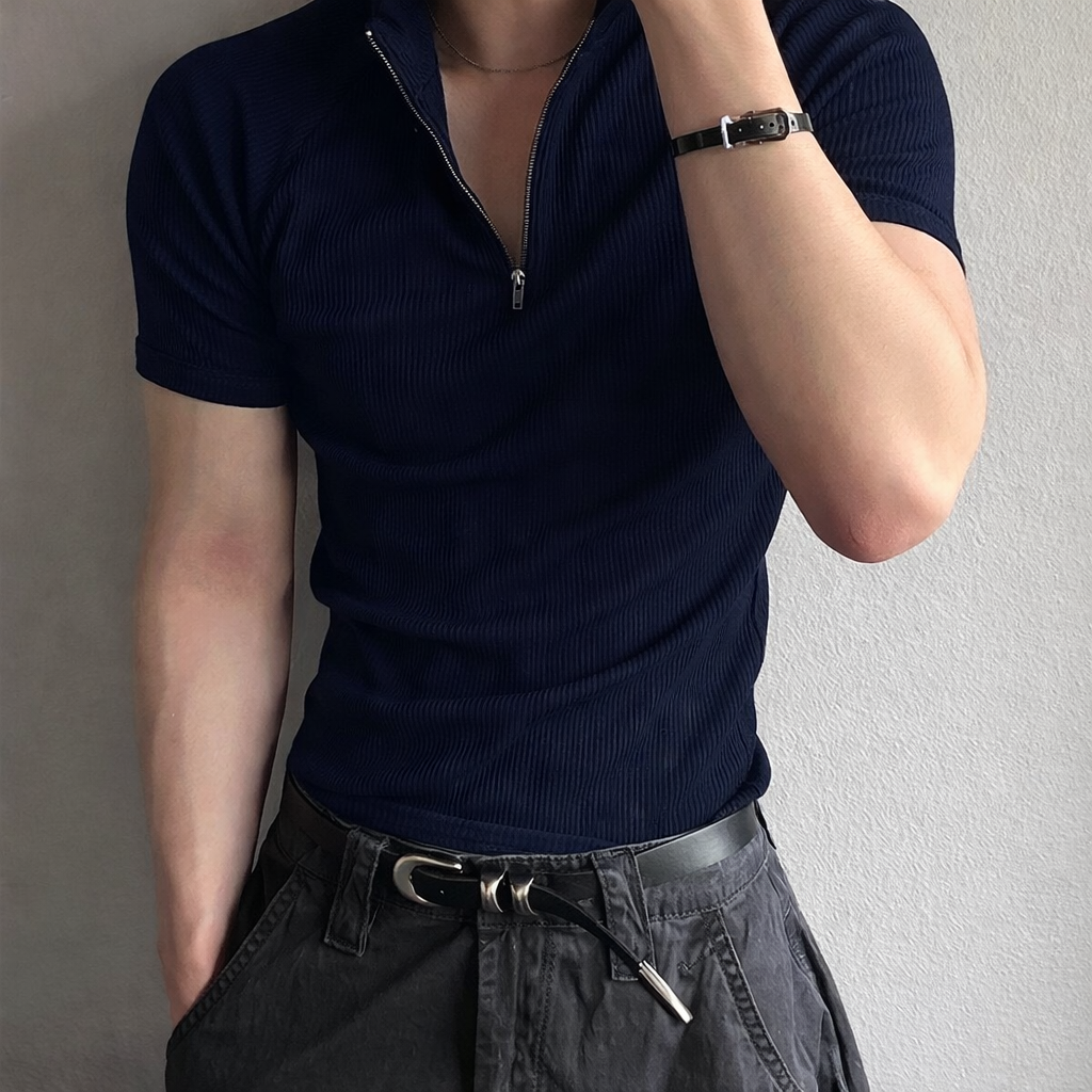 RIWYN Slim Rib Zipper High Neck T-Shirt