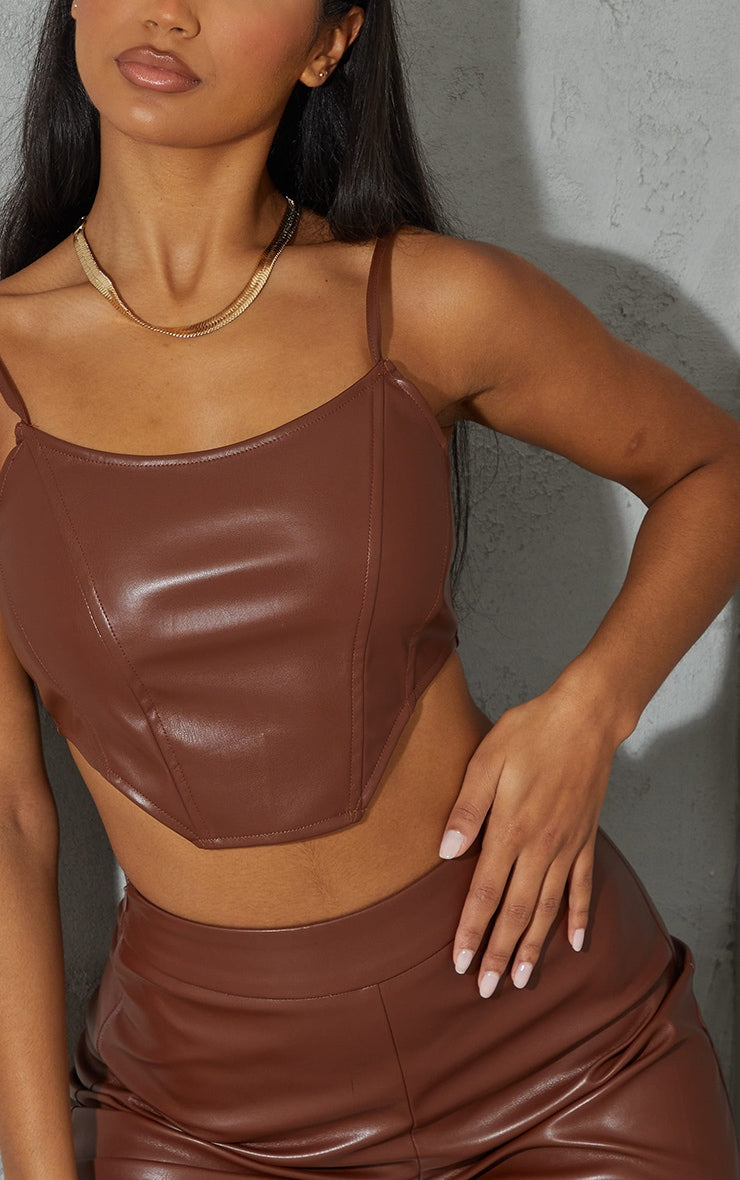 RǏWYÑ | Brown Leather Corset Detail Top