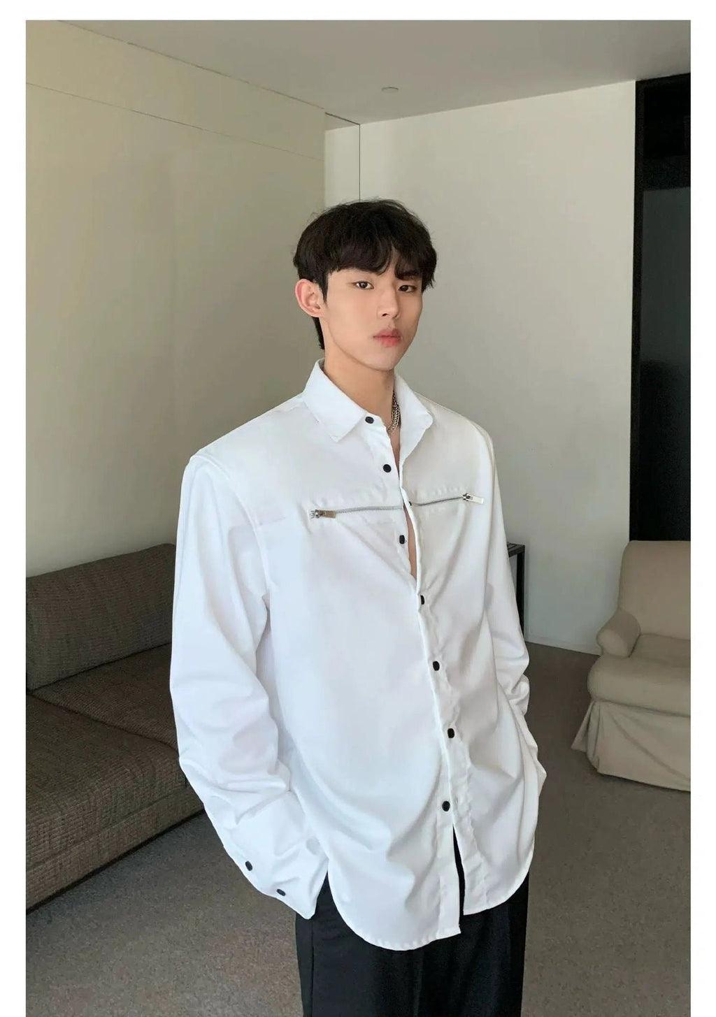 RIWYN Korean Style Zip Details Long-sleeved Shirt