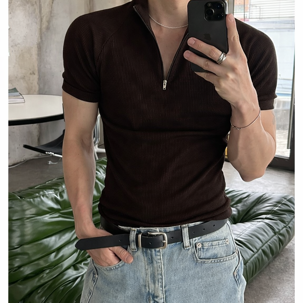 RIWYN Slim Rib Zipper High Neck T-Shirt