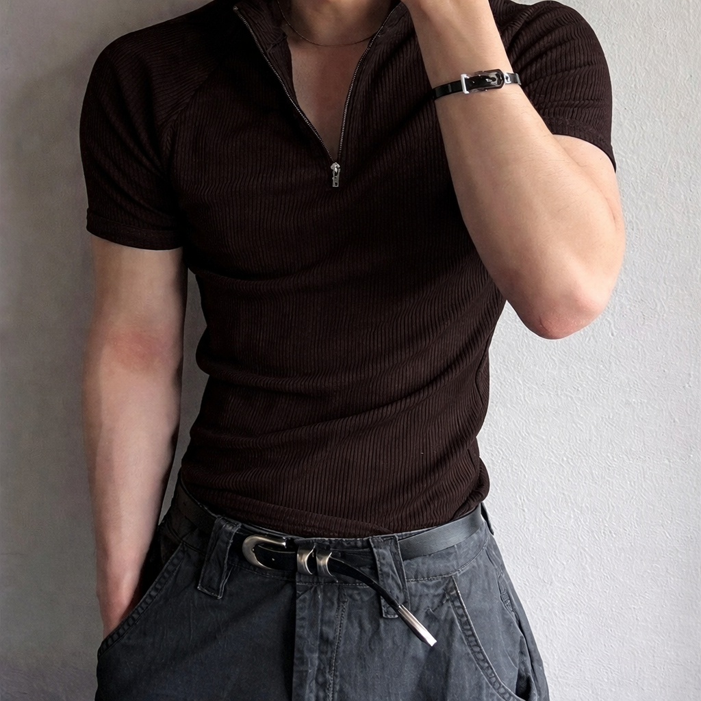 RIWYN Slim Rib Zipper High Neck T-Shirt