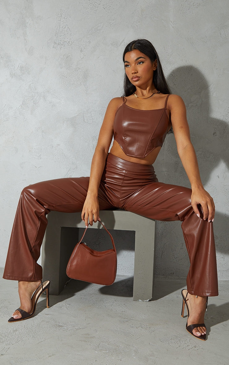 RǏWYÑ | Brown Leather Corset Detail Top
