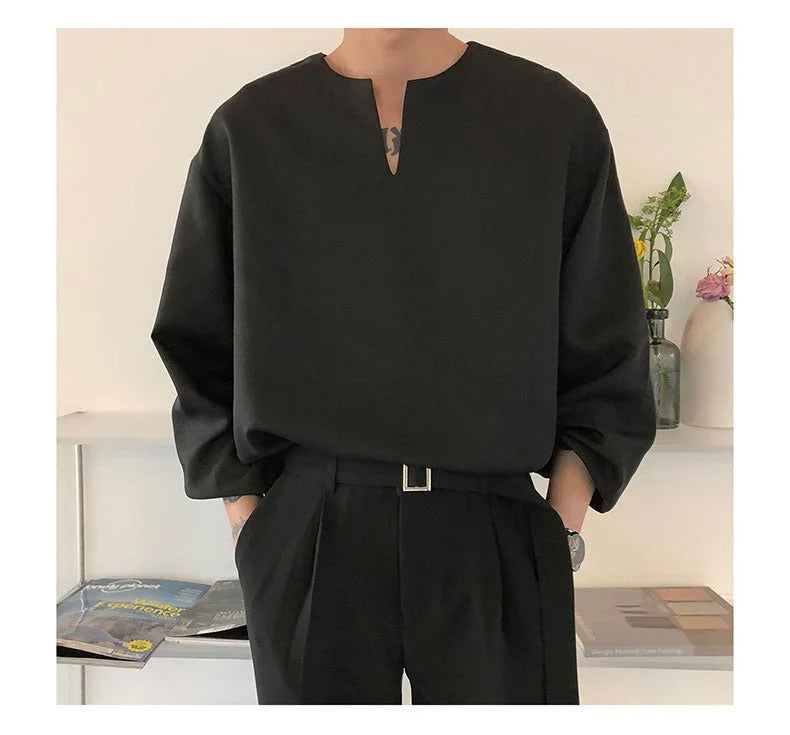 RIWYN V Neck Cuff Details Long Sleeve Korean Shirt