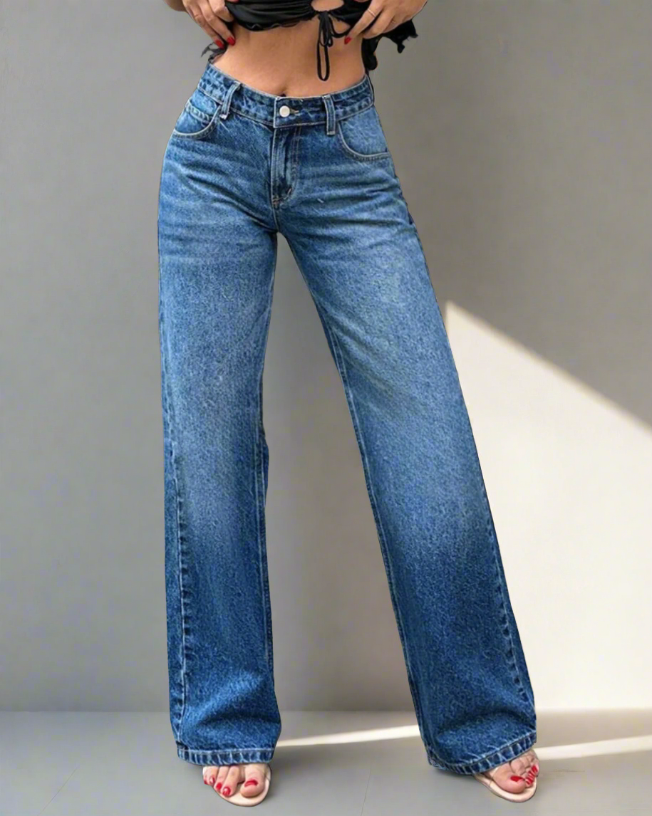 RǏWYÑ | Mid Blue Overcast Wash High Waist Wide Leg Jeans