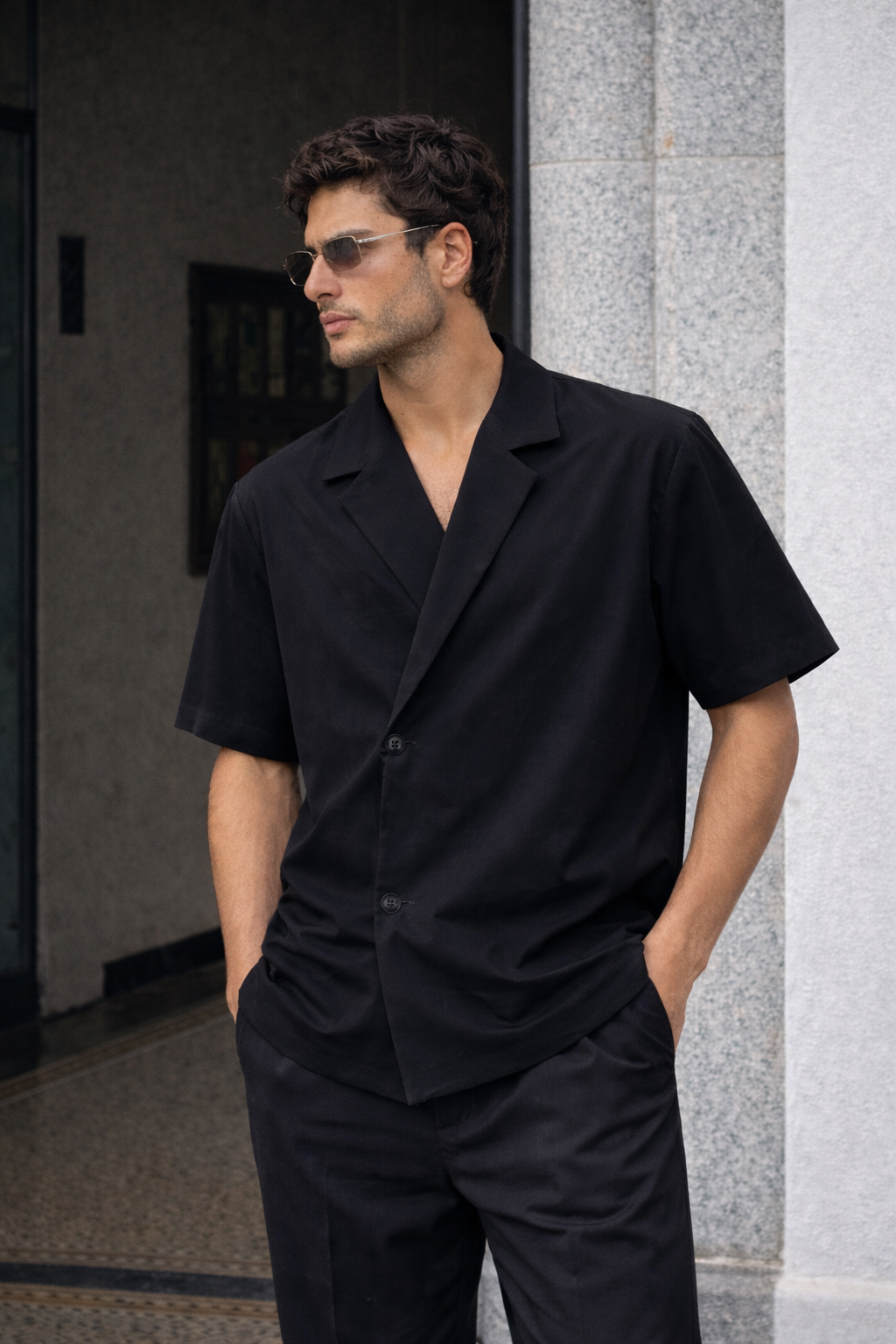 RIWYN Blazer Vibe Slanted Placket Short-Sleeve Shirt