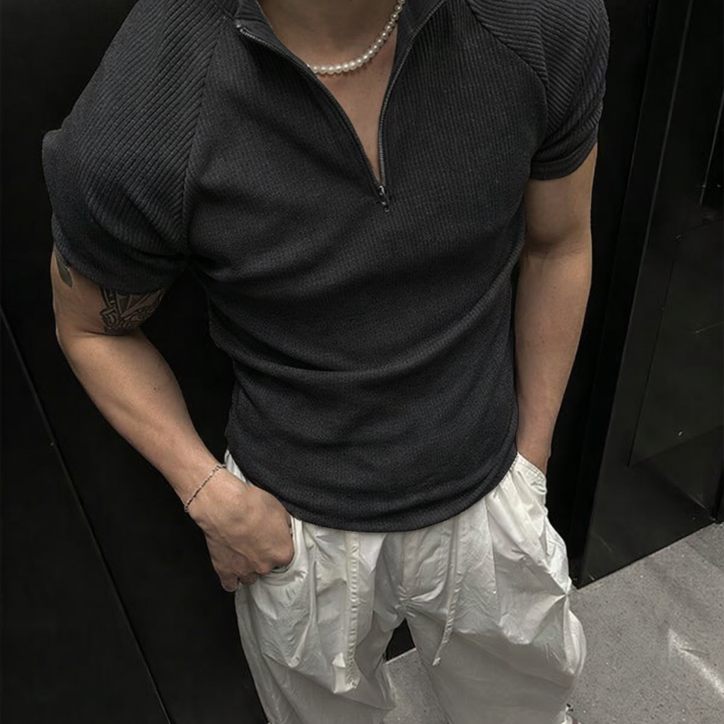 RIWYN Slim Rib Zipper High Neck T-Shirt
