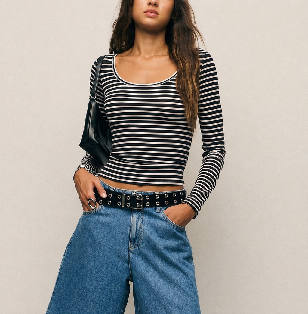 RǏWYÑ | Basic Stripe Long-Sleeve Fitted Tee