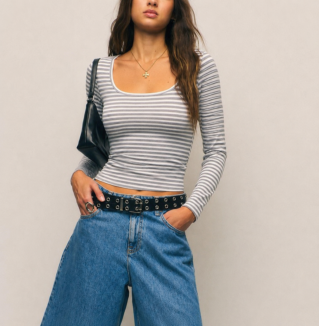 RǏWYÑ | Basic Stripe Long-Sleeve Fitted Tee