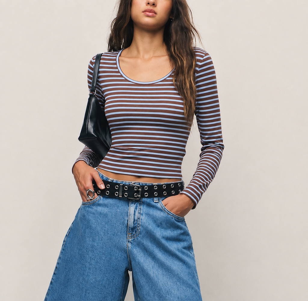 RǏWYÑ | Basic Stripe Long-Sleeve Fitted Tee