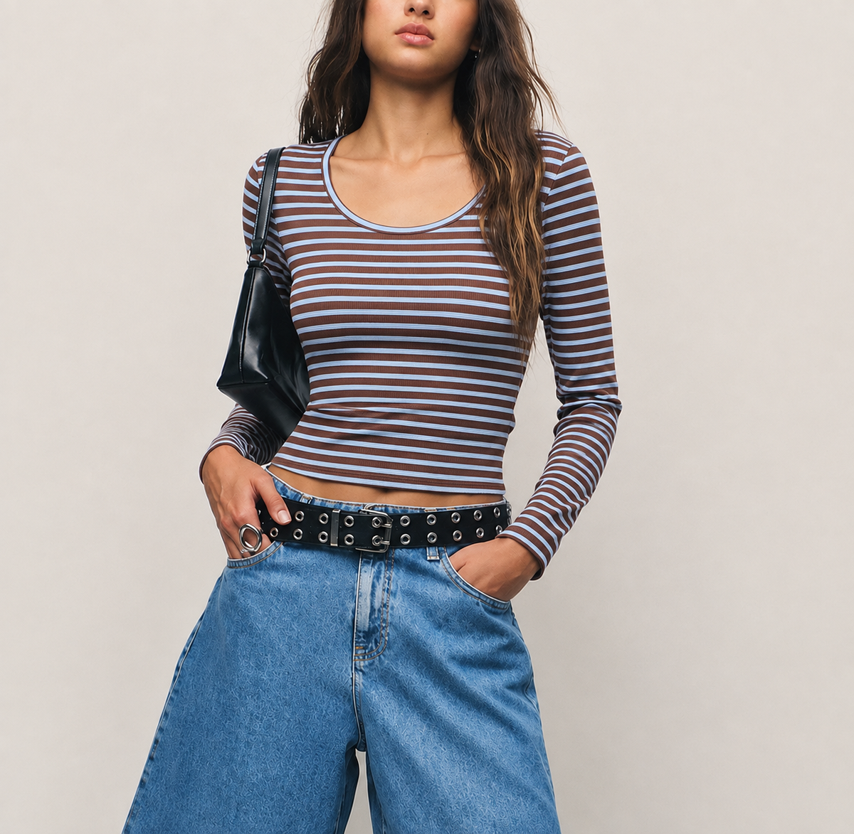 RǏWYÑ | Basic Stripe Long-Sleeve Fitted Tee