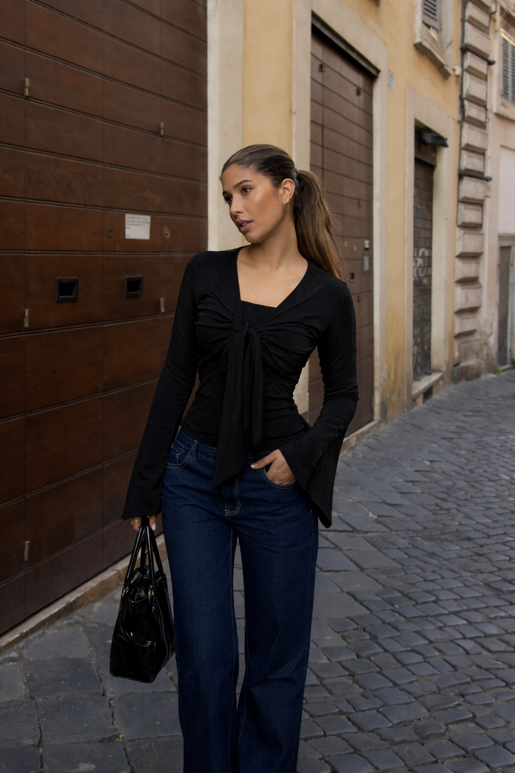 RǏWYÑ | Iris Mesh Bell Sleeve Tie Top
