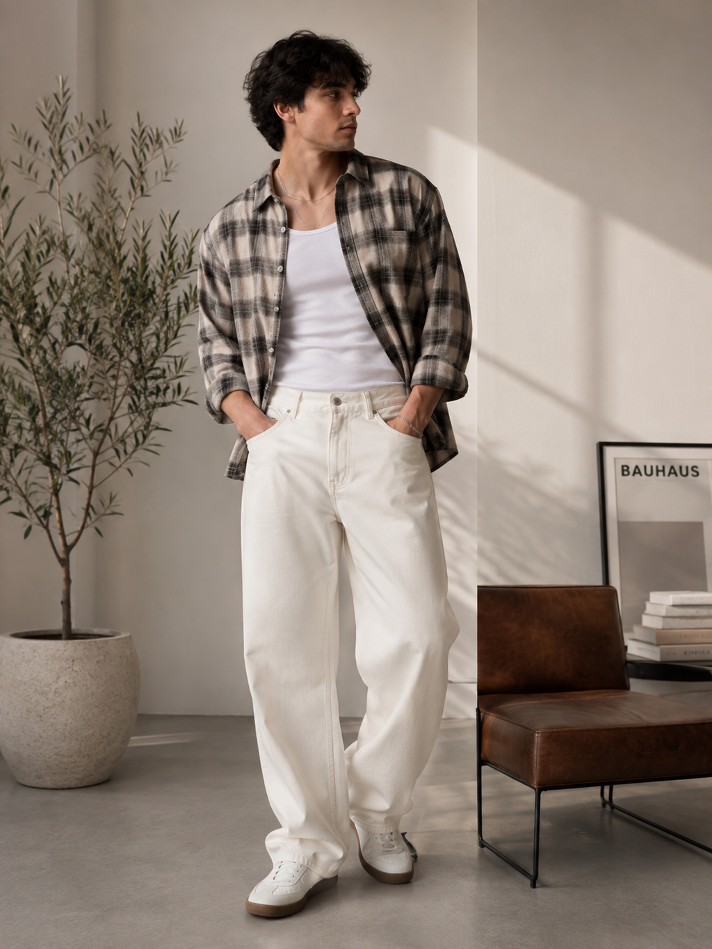 RÎWYÑ Cream Straight-Leg Pants model front