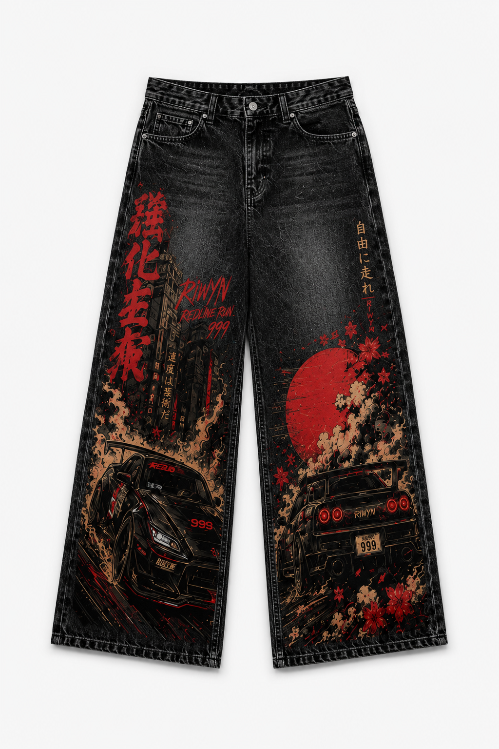 RǏWYÑ REDLINE RUN Wide-Leg Denim Printed Jeans- Limited Edition