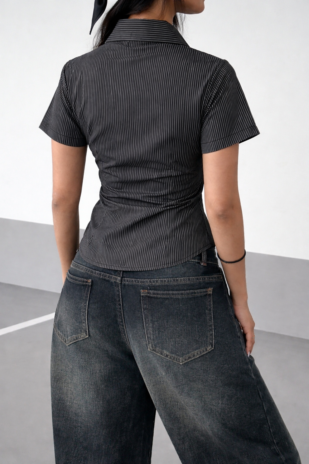 RǏWYÑ | Stripe Waist Sculpt Short-Sleeve Shirt