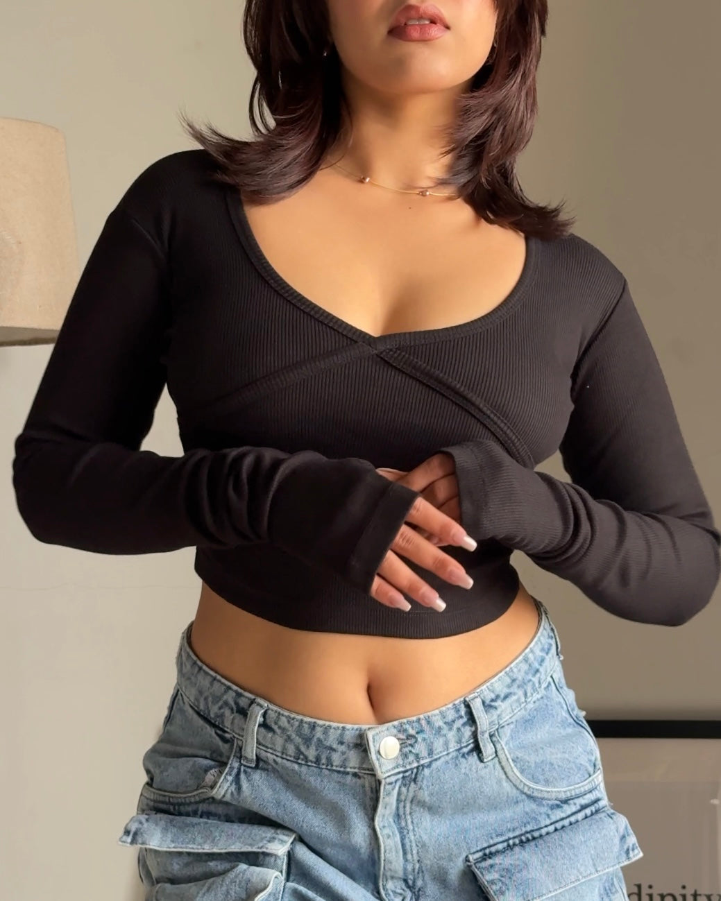 RǏWYÑ | Crossover Long-Sleeves Rib Knit Top
